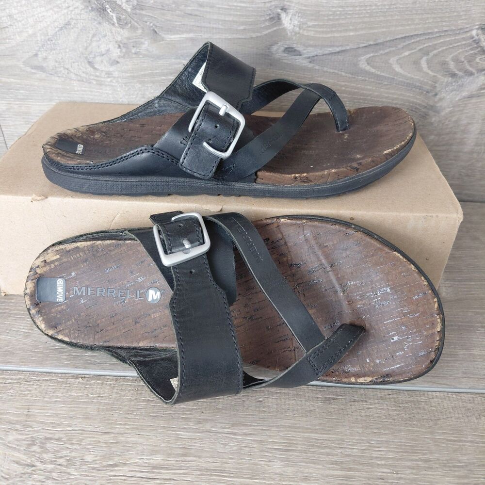 Merrell Sandals Womens 7 Black Leather Around Town Buckle Strappy Beach Thong
